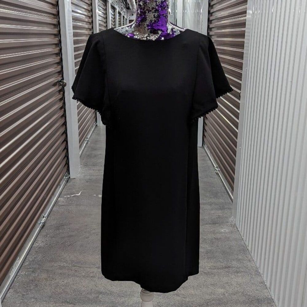 Whimsigoth Ann Taylor Loft Size 8 Black Sheath Dress with Cap Sleeves Pom Pom